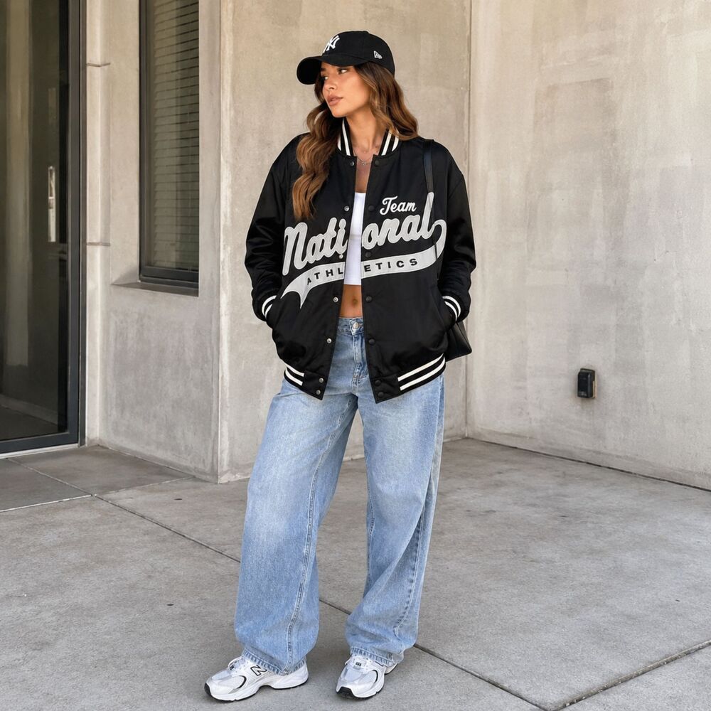 Aritzia TNA XXS National Athletics Varsity Stadium Bomber Jacket Black
